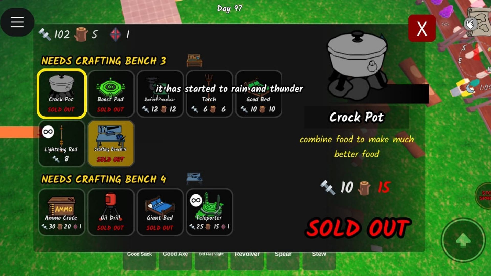 Crock Pot requires Crafting Bench 3 (Image via Roblox)